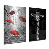 Giraffe and Umbrellas 2 Pieces Combine Glass Wall Art | Insigne Art Design.